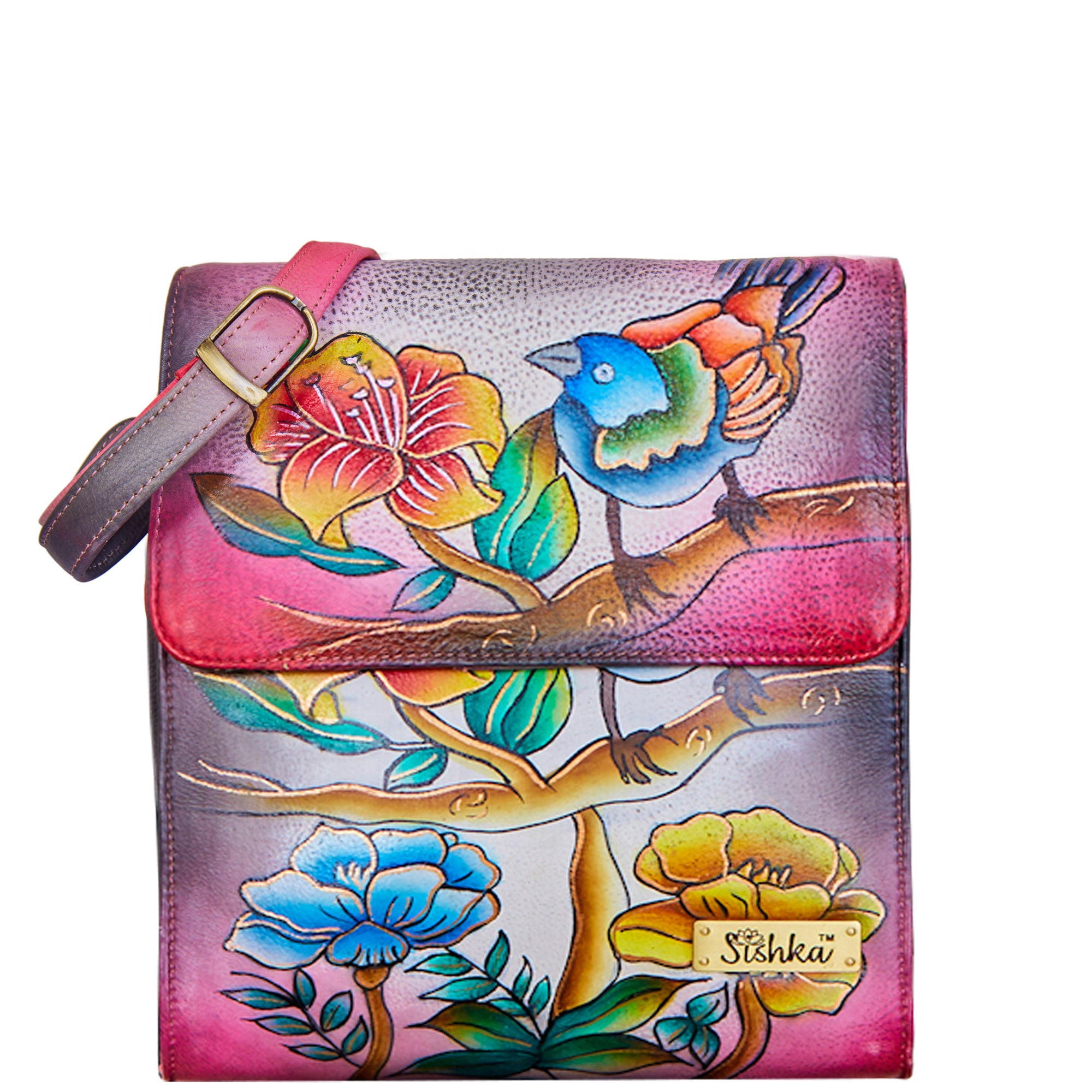 Hand-Painted Floral Elegance Crossbody Leather Bag