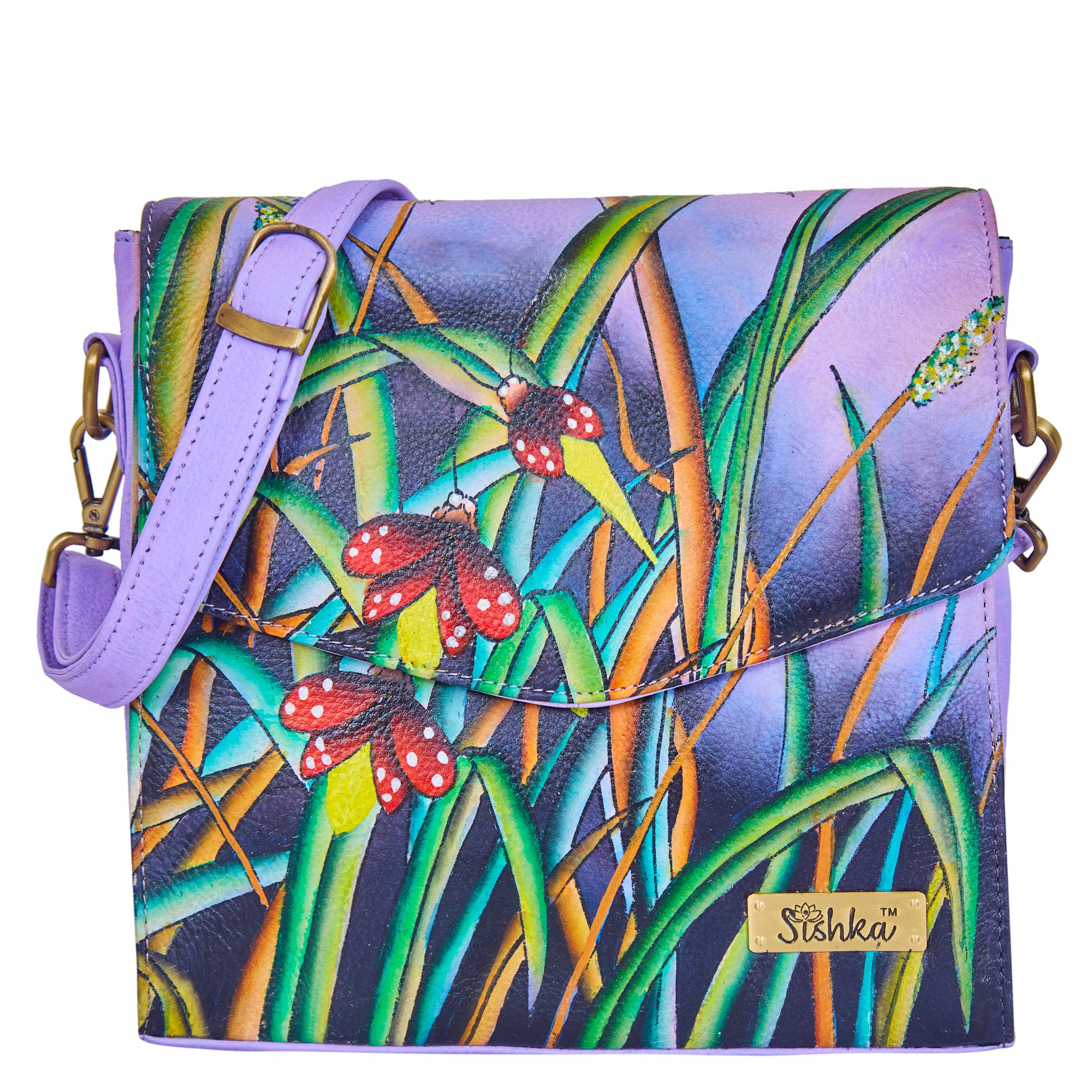 Nature’s Elegance Hand-Painted Bug & Grass Leather Crossbody Bag