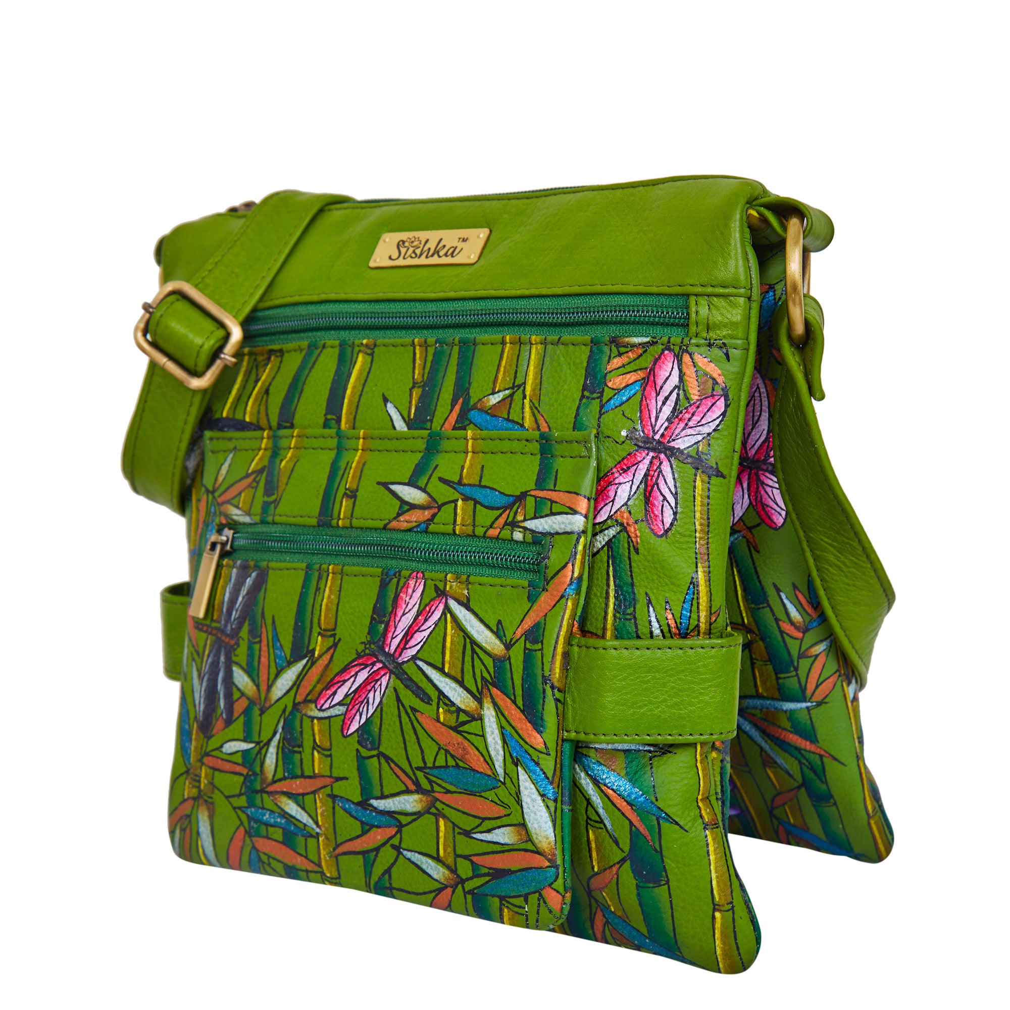 Bamboo and Dragonfly Hand-Painted Leather Crossbody Bag - Green