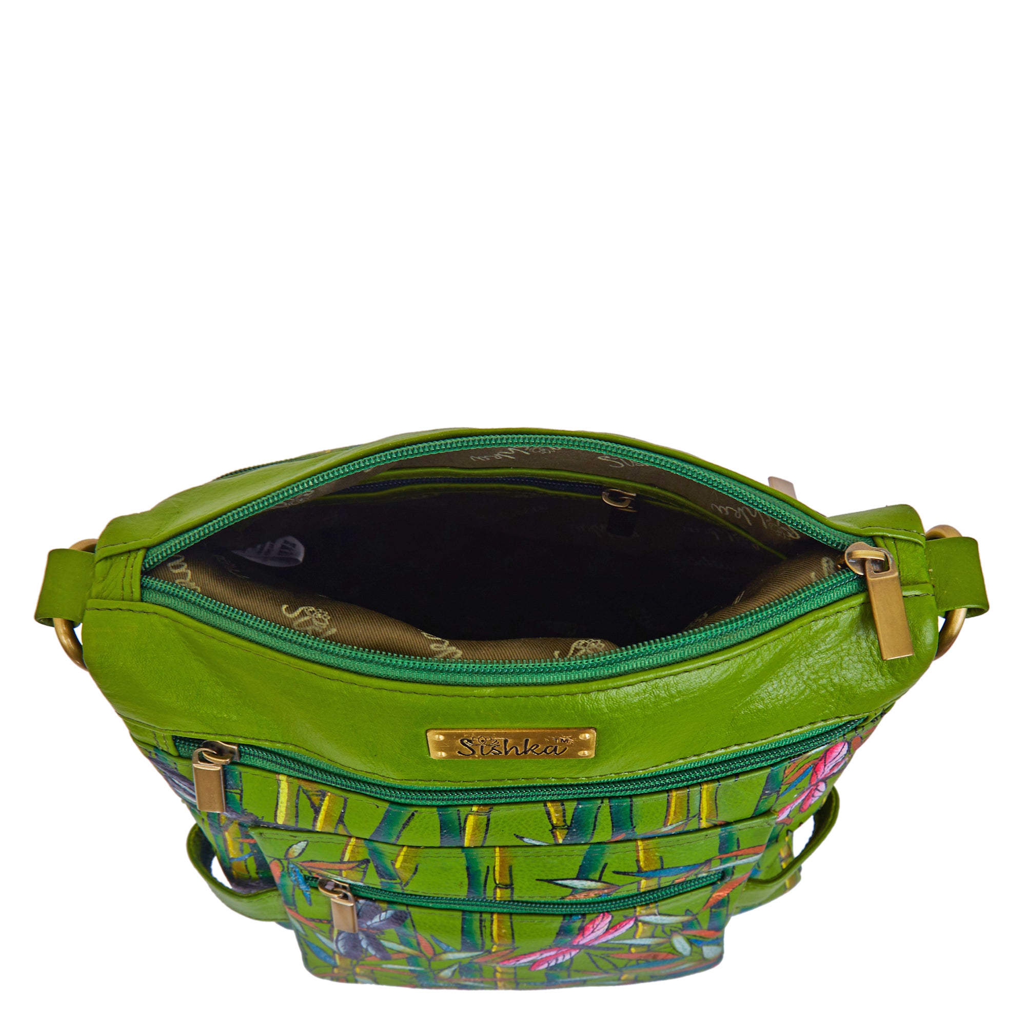 Bamboo and Dragonfly Hand-Painted Leather Crossbody Bag - Green