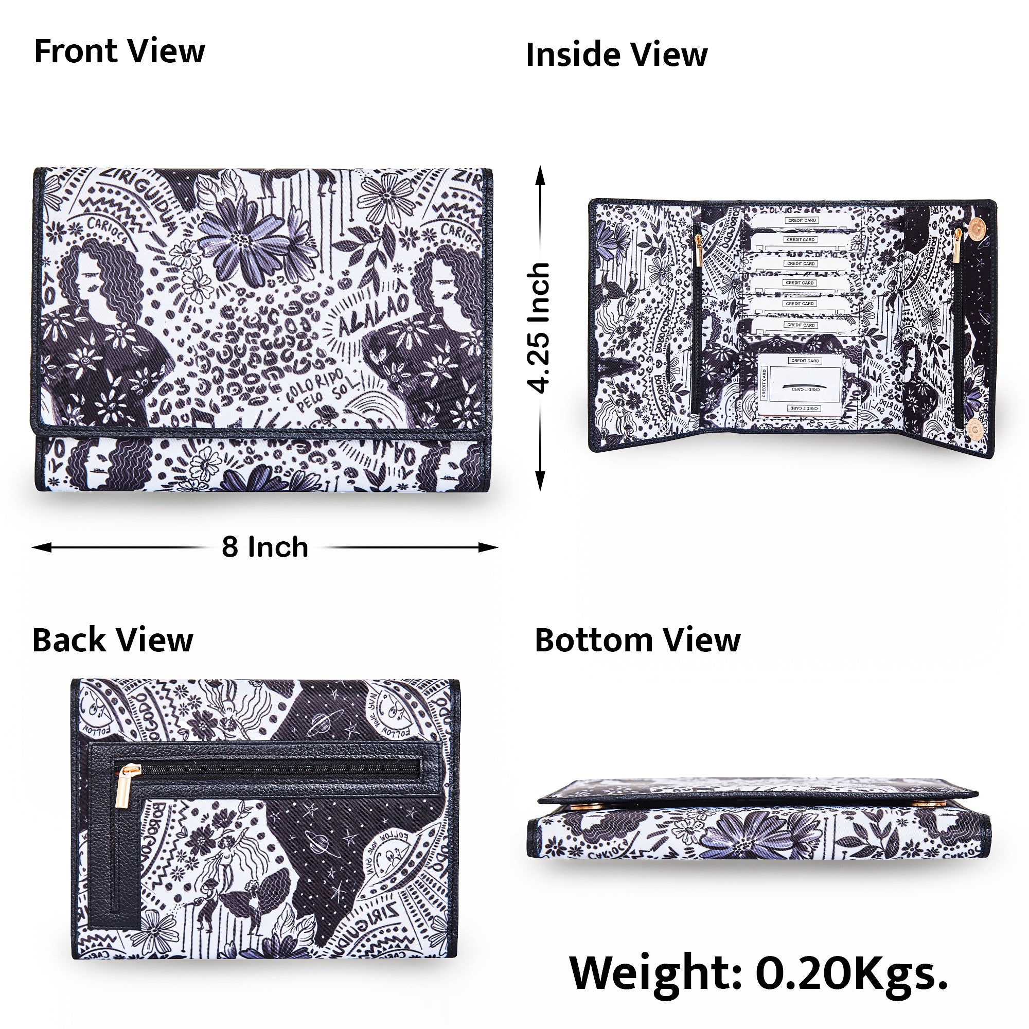 Trifold Wallet –  Monochrome Print with Leather Detailing for women