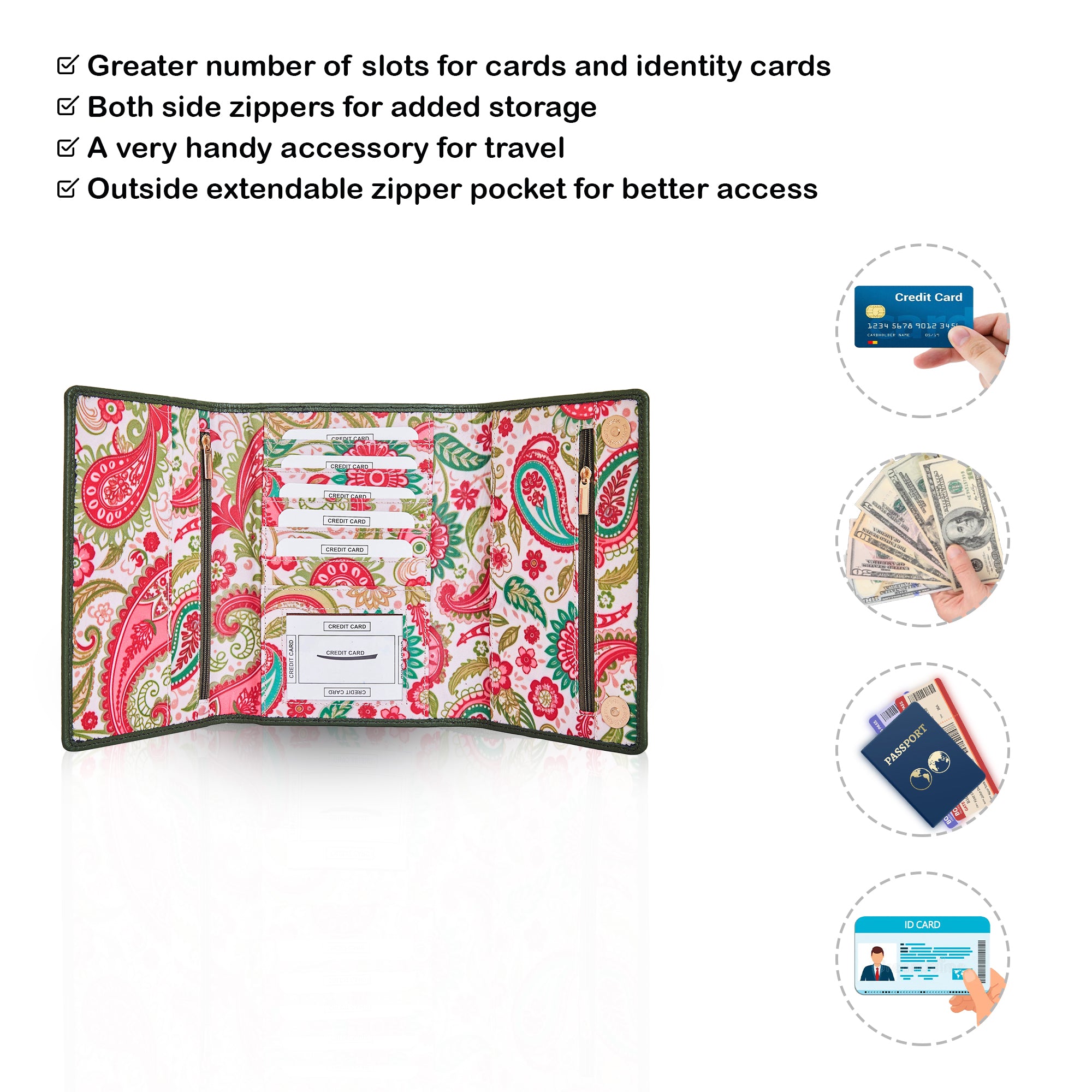 Paisley Pattern Trifold Wallet and Organizer with Leather Accents for Women