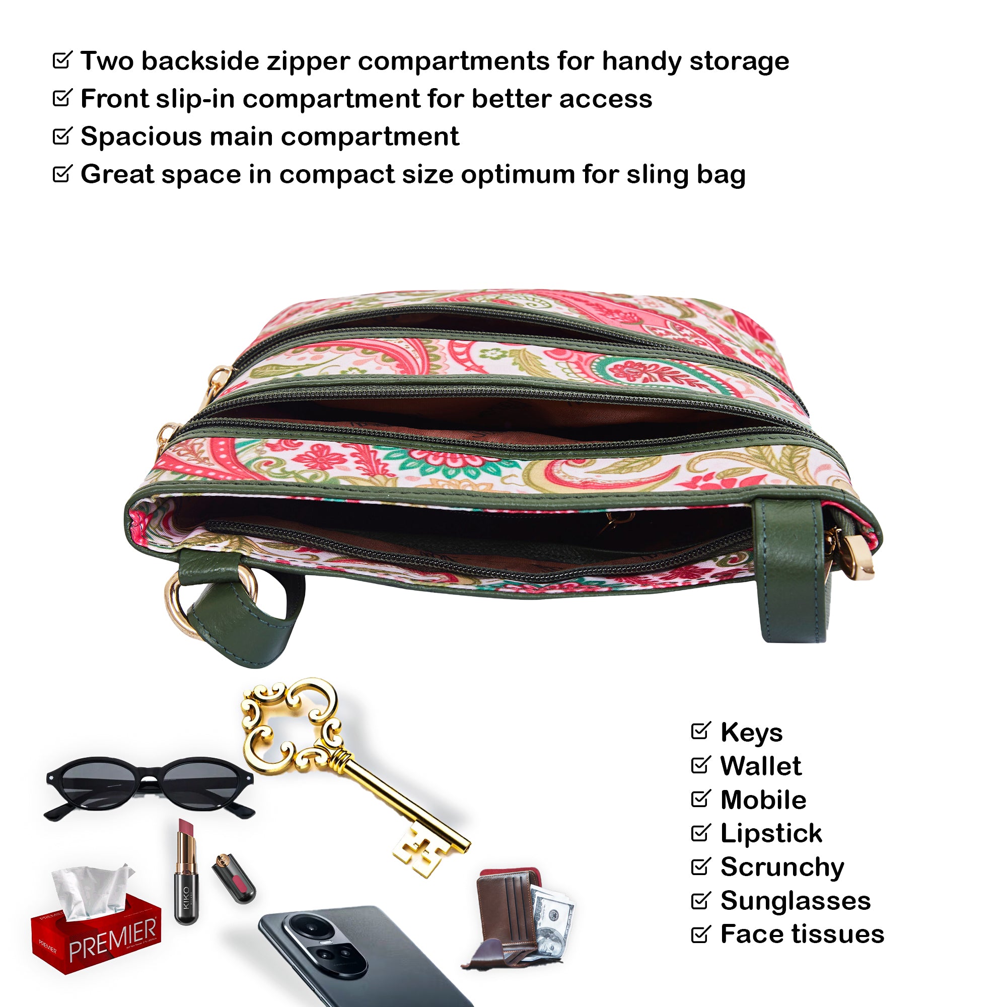 Crossbody Bag with Leather Trim and Paisley Print Fabric for Women