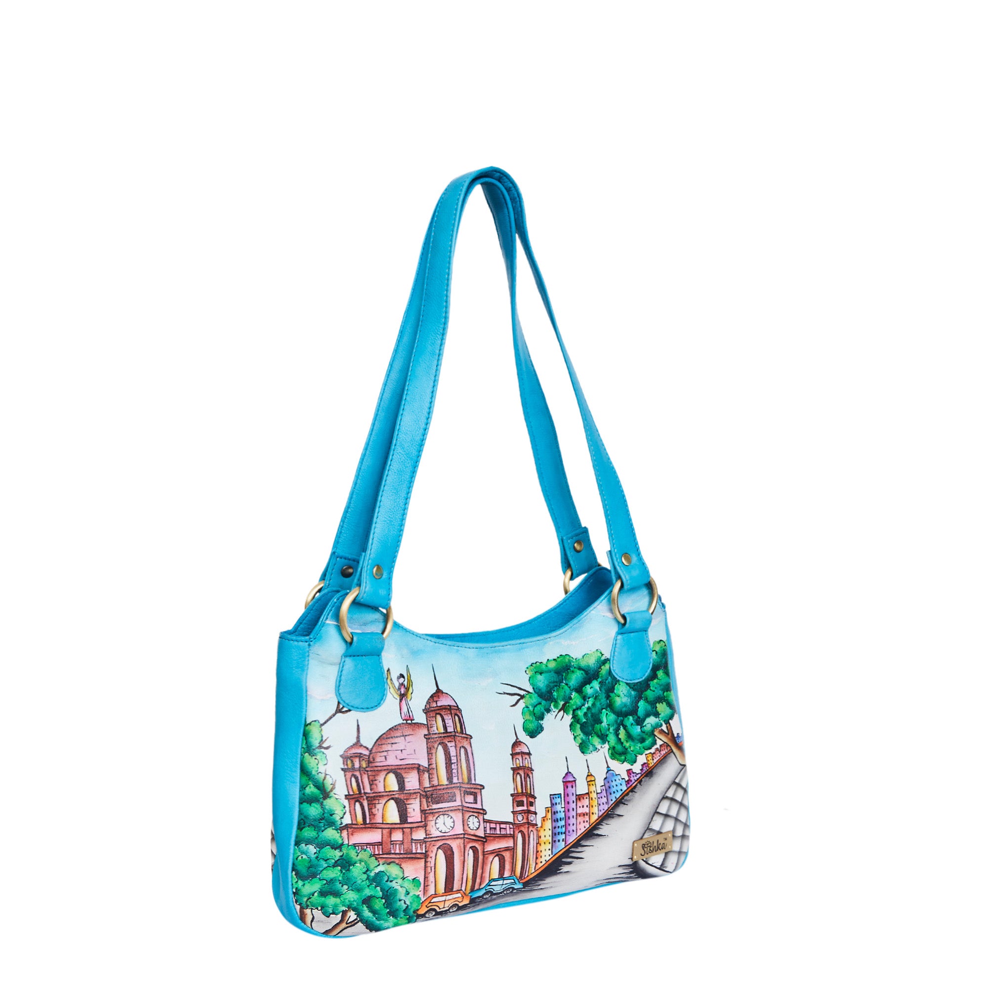 Kolkata-Themed Handpainted Leather Shoulder Bag