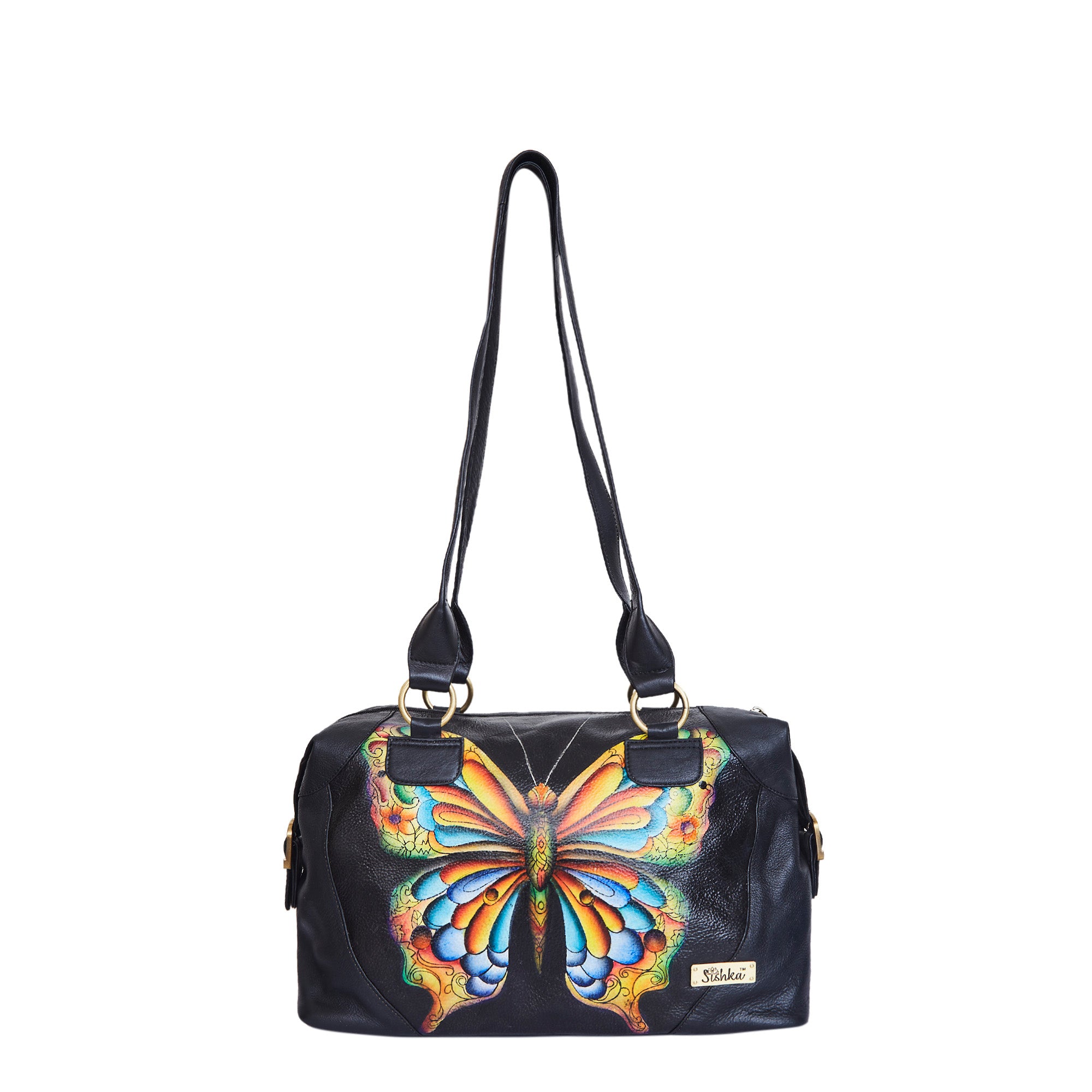 Hand-painted Leather Tote Bag with a Vibrant Butterfly Design